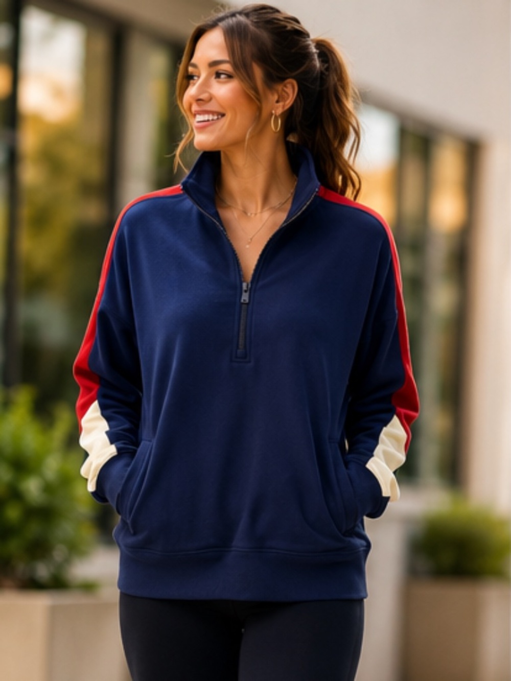 Fabletics Year Round Terry Colorblock Half Zip Sweatshirt Navy Red L NWT